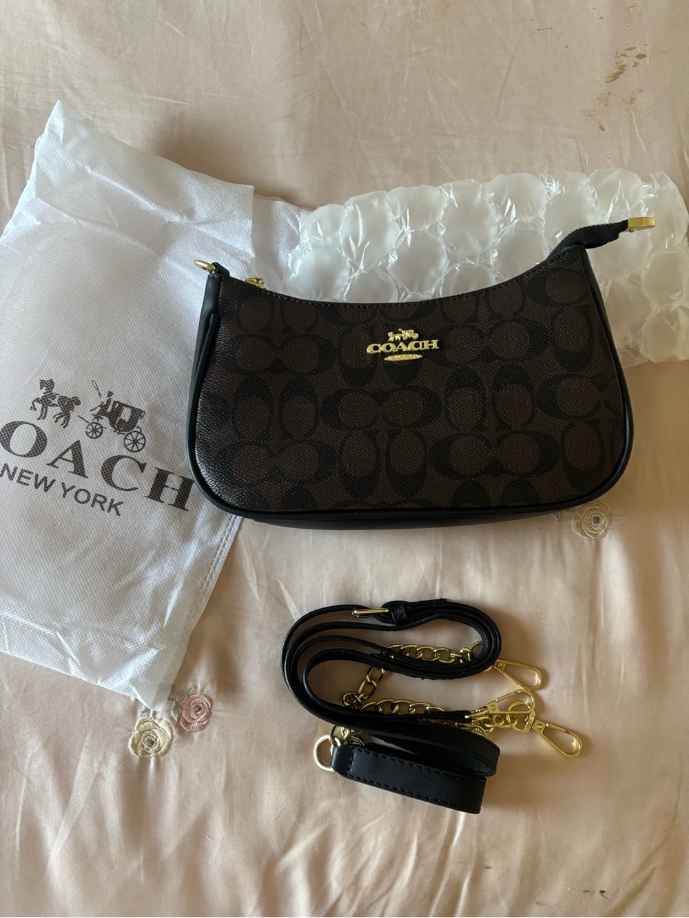 Coach Brown Signature Jacquard Mini Crossbody with Black Trim